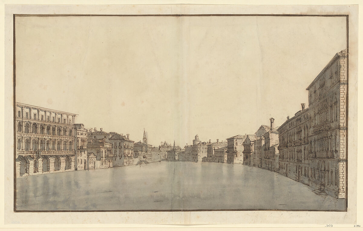 The Grand Canal from Ca'Moro-Lin and Ca'Foscari to the Carità, Bernardo Bellotto (Italian, Venice 1722–1780 Warsaw), Pen and brown ink, gray wash 