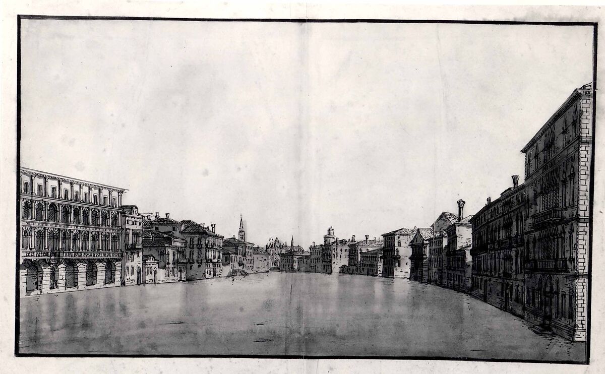 The Grand Canal from Ca'Moro-Lin and Ca'Foscari to the Carità, Bernardo Bellotto (Italian, Venice 1722–1780 Warsaw), Pen and brown ink, gray wash