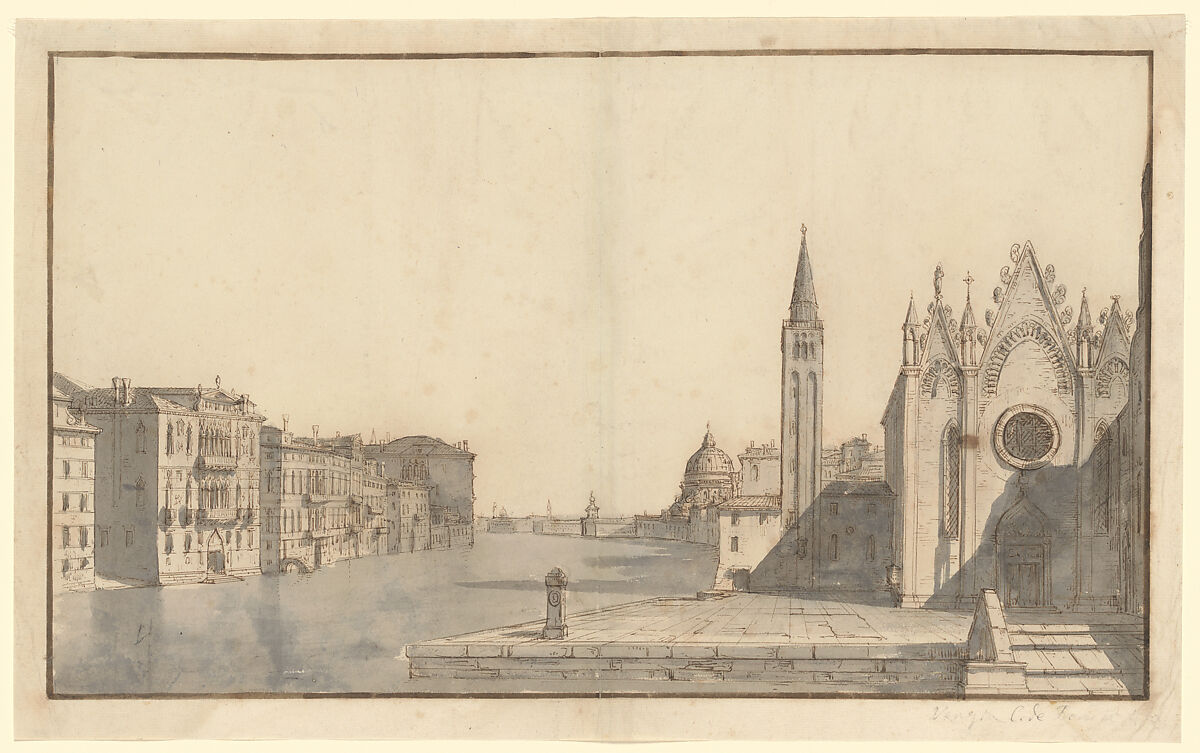The Grand Canal from the Carità to the Dogana da Mar, Bernardo Bellotto (Italian, Venice 1722–1780 Warsaw), Pen and brown ink, gray wash 