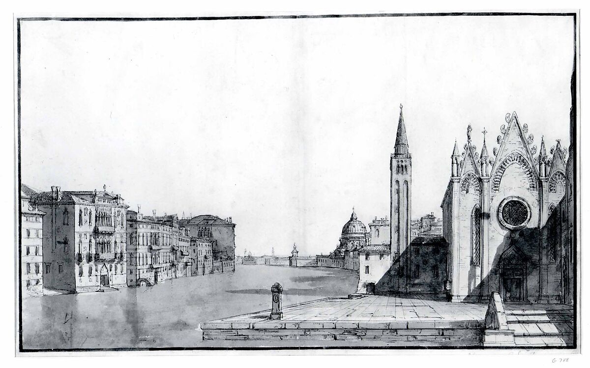 The Grand Canal from the Carità to the Dogana da Mar, Bernardo Bellotto (Italian, Venice 1722–1780 Warsaw), Pen and brown ink, gray wash
