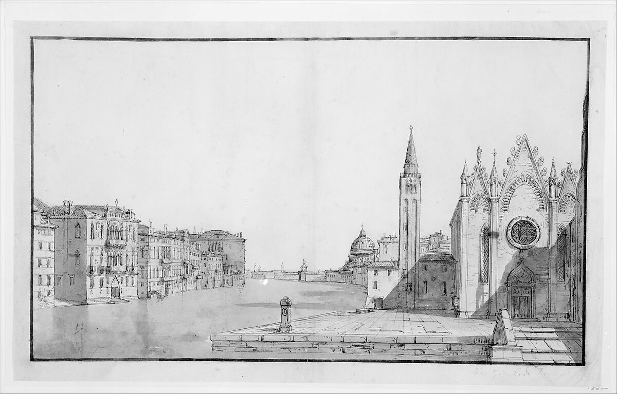 The Grand Canal from the Carità to the Dogana da Mar, Bernardo Bellotto (Italian, Venice 1722–1780 Warsaw), Pen and brown ink, gray wash