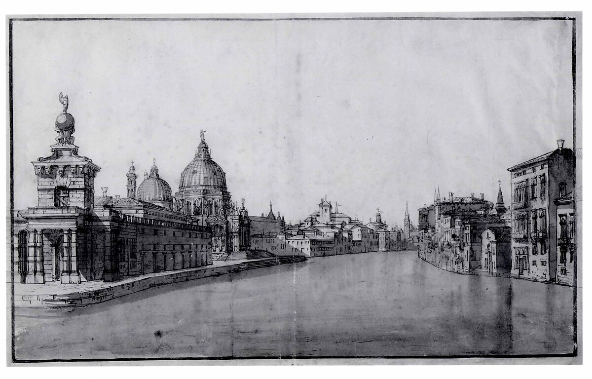 The Entrance to the Grand Canal, with the Dogana da Mar and Santa Maria della Salute on the Left, Bernardo Bellotto  Italian, Pen and brown ink, gray wash