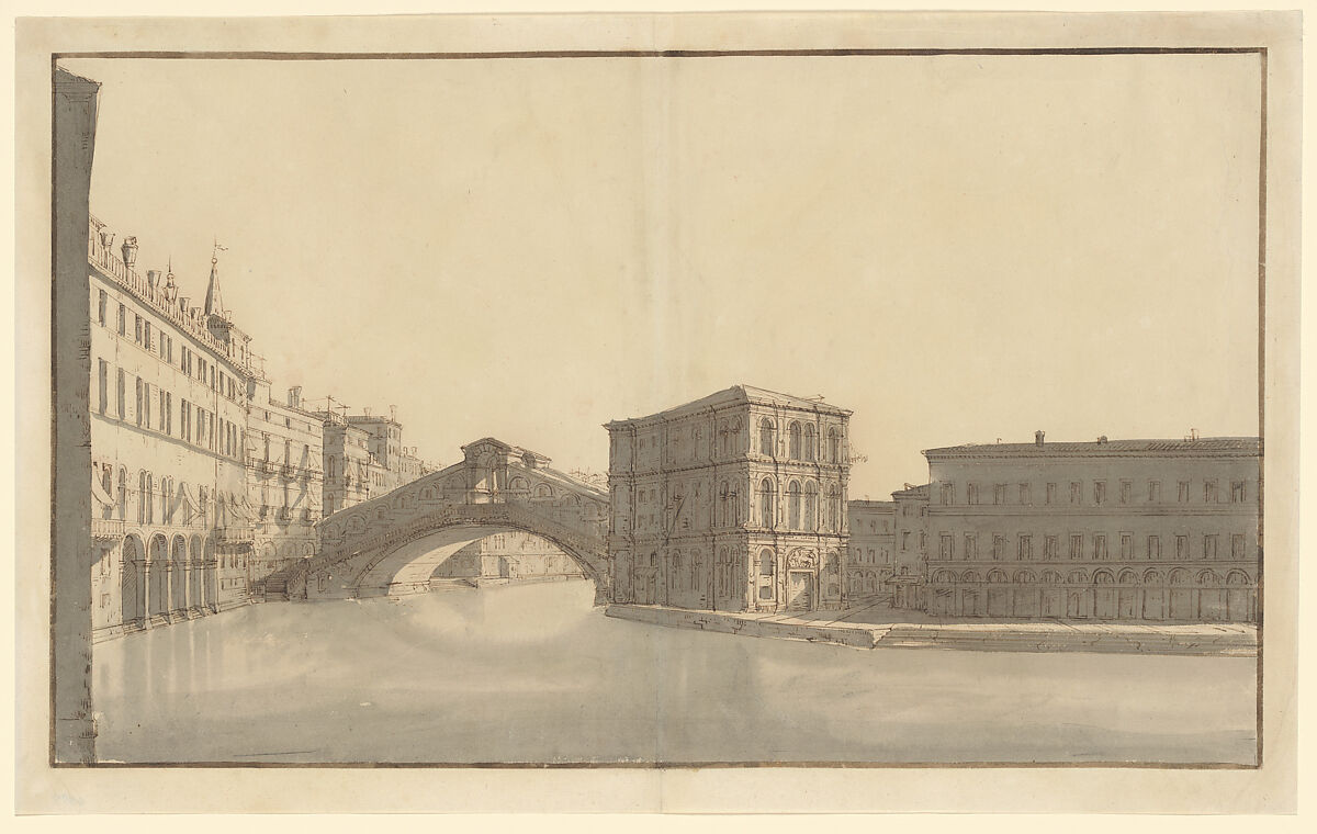 The Grand Canal with the Rialto Bridge, from the North, Bernardo Bellotto (Italian, Venice 1722–1780 Warsaw), Pen and brown ink, gray wash 