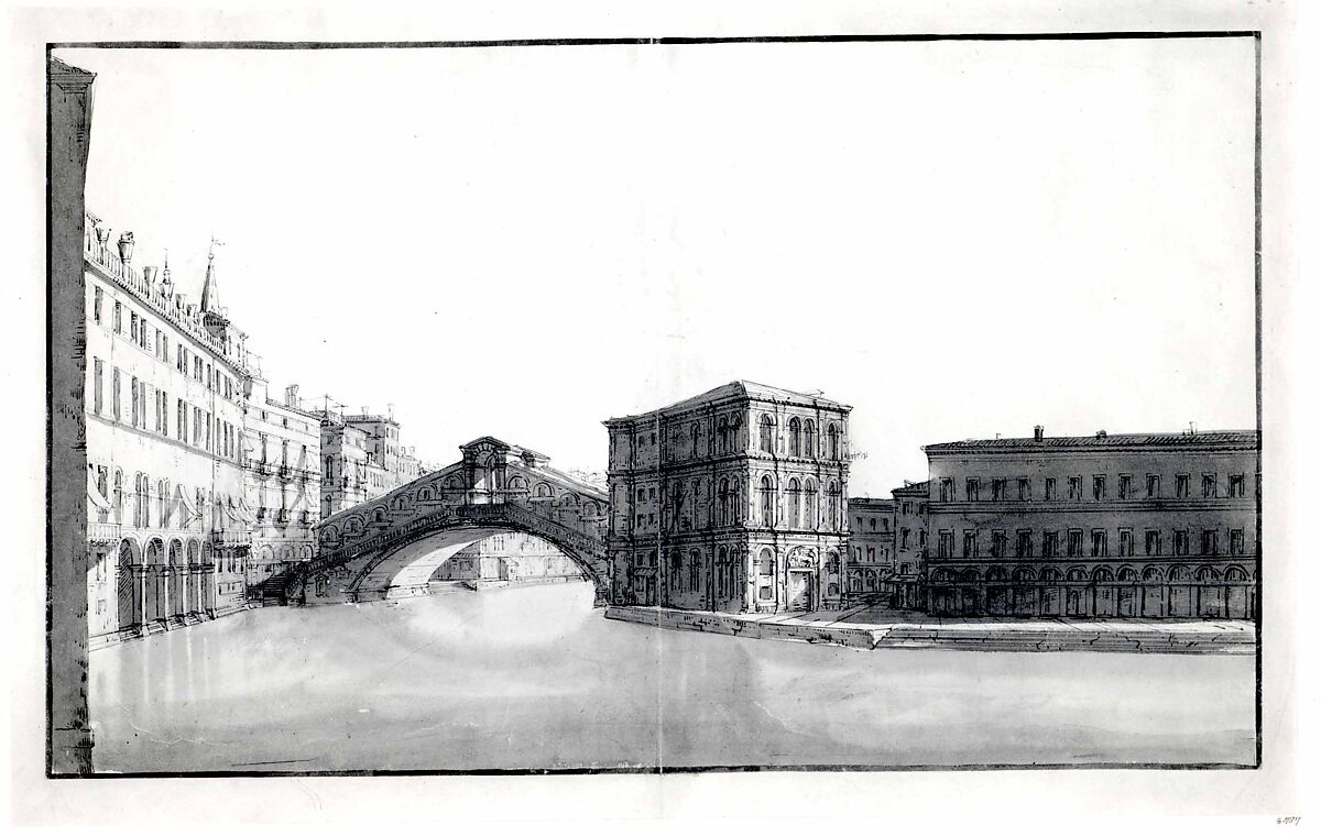 The Grand Canal with the Rialto Bridge, from the North, Bernardo Bellotto (Italian, Venice 1722–1780 Warsaw), Pen and brown ink, gray wash