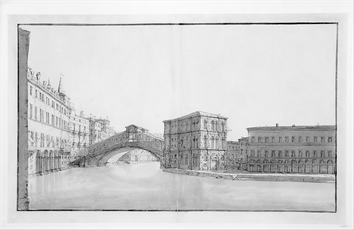 The Grand Canal with the Rialto Bridge, from the North, Bernardo Bellotto (Italian, Venice 1722–1780 Warsaw), Pen and brown ink, gray wash