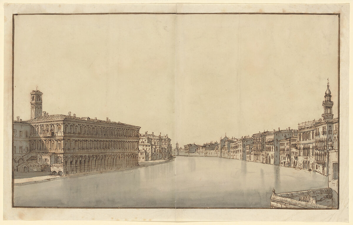 The Grand Canal, with the Fabbriche Nuove on the Left and Campanile of Santi Apostoli on the Right, Bernardo Bellotto (Italian, Venice 1722–1780 Warsaw), Pen and brown ink, gray wash 