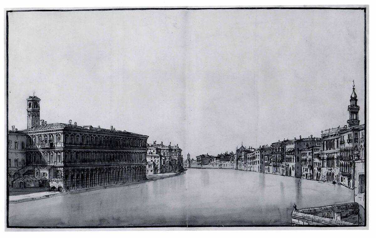 The Grand Canal, with the Fabbriche Nuove on the Left and Campanile of Santi Apostoli on the Right, Bernardo Bellotto (Italian, Venice 1722–1780 Warsaw), Pen and brown ink, gray wash