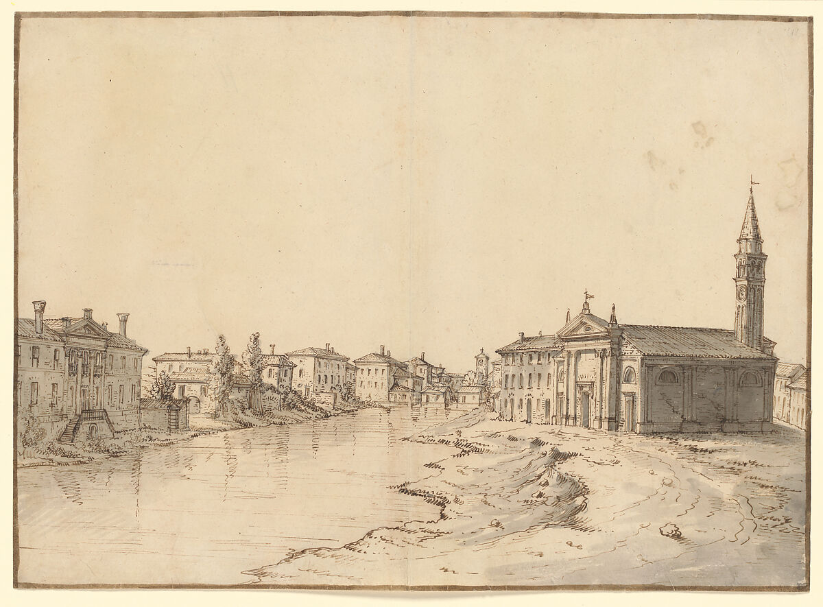 View of Dolo, Bernardo Bellotto (Italian, Venice 1722–1780 Warsaw), Pen and brown ink, gray wash 