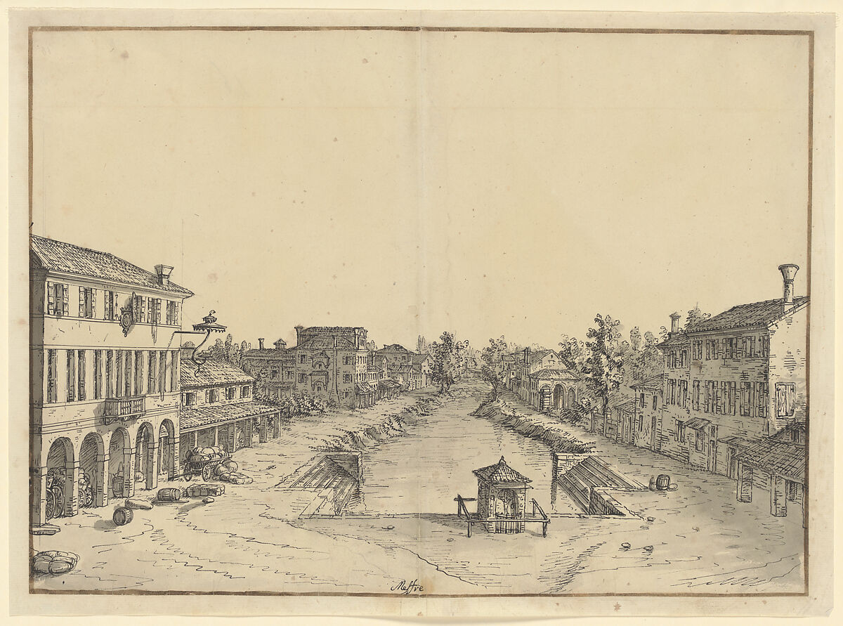 View of Mestre, Bernardo Bellotto (Italian, Venice 1722–1780 Warsaw), Pen and brownish black ink, gray wash, over traces of graphite 