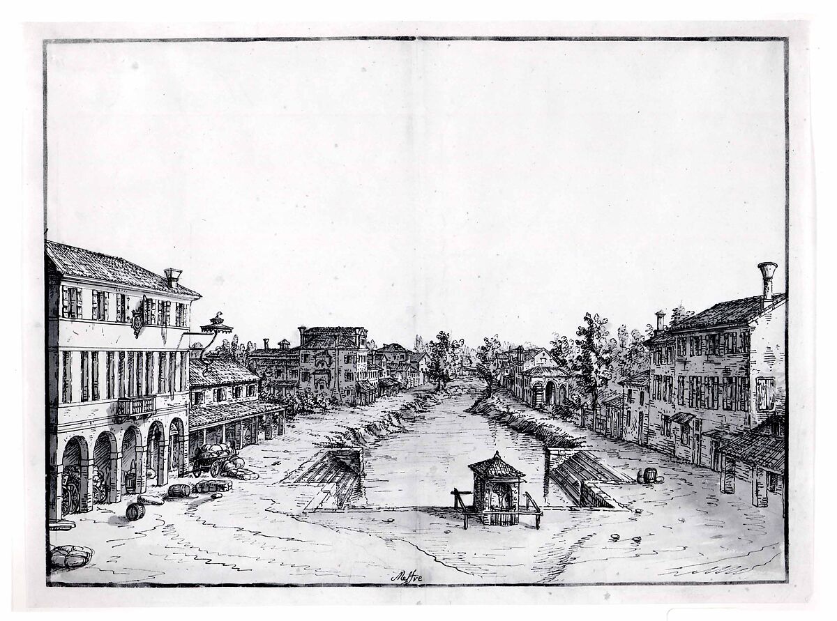 View of Mestre, Bernardo Bellotto (Italian, Venice 1722–1780 Warsaw), Pen and brownish black ink, gray wash, over traces of graphite