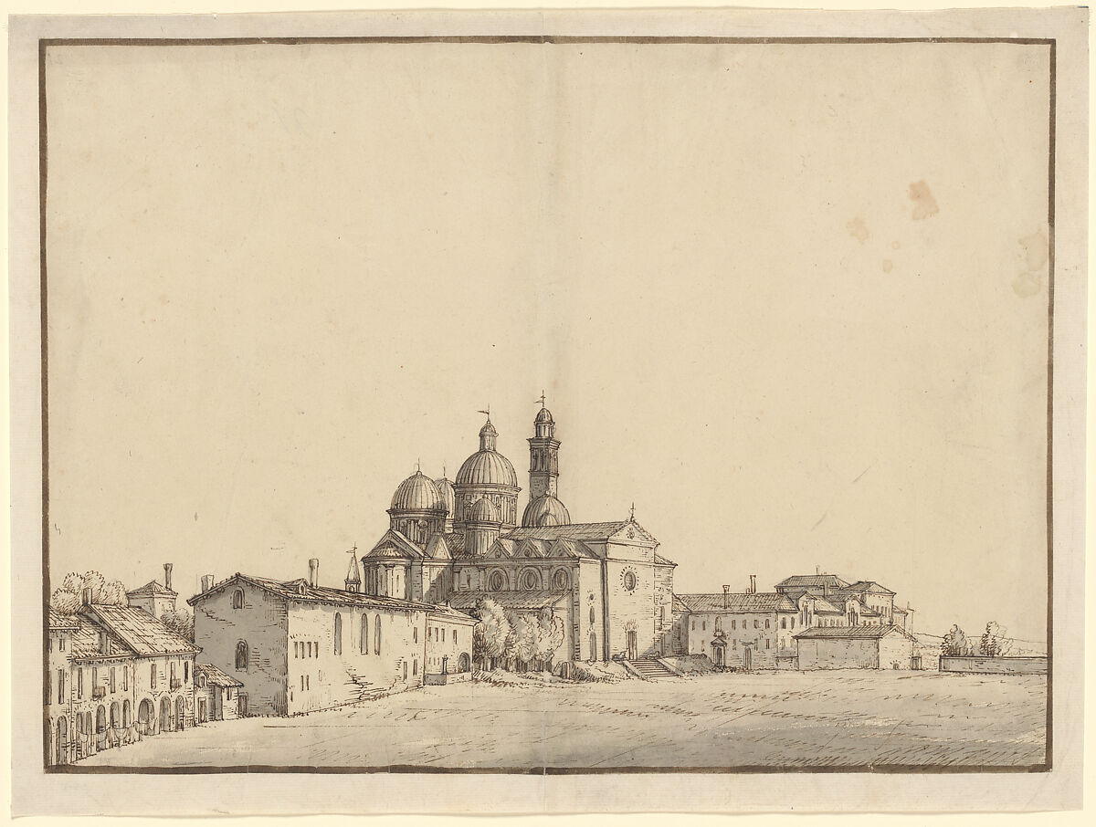Santa Giustina and the Prato della Valle at Padua, Bernardo Bellotto (Italian, Venice 1722–1780 Warsaw), Pen and brown ink, gray wash 