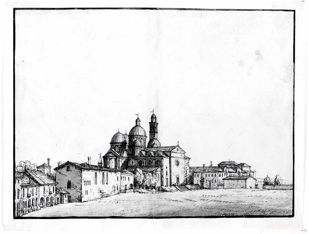 Santa Giustina and the Prato della Valle at Padua, Bernardo Bellotto (Italian, Venice 1722–1780 Warsaw), Pen and brown ink, gray wash