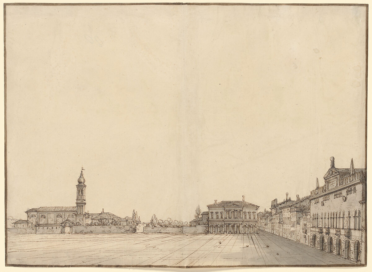 The Prato della Valle at Padua, Bernardo Bellotto (Italian, Venice 1722–1780 Warsaw), Pen and brown ink, gray wash 