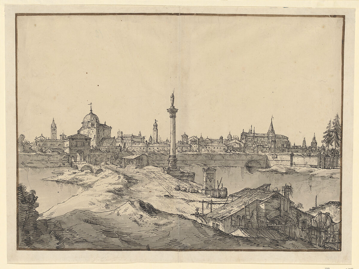 Imaginary View of Padua, Bernardo Bellotto (Italian, Venice 1722–1780 Warsaw), Pen and black ink, gray wash 