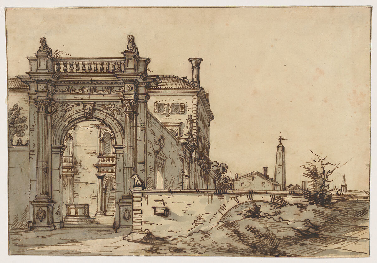 A Venetian Villa, Bernardo Bellotto  Italian, Pen and brown ink, gray wash