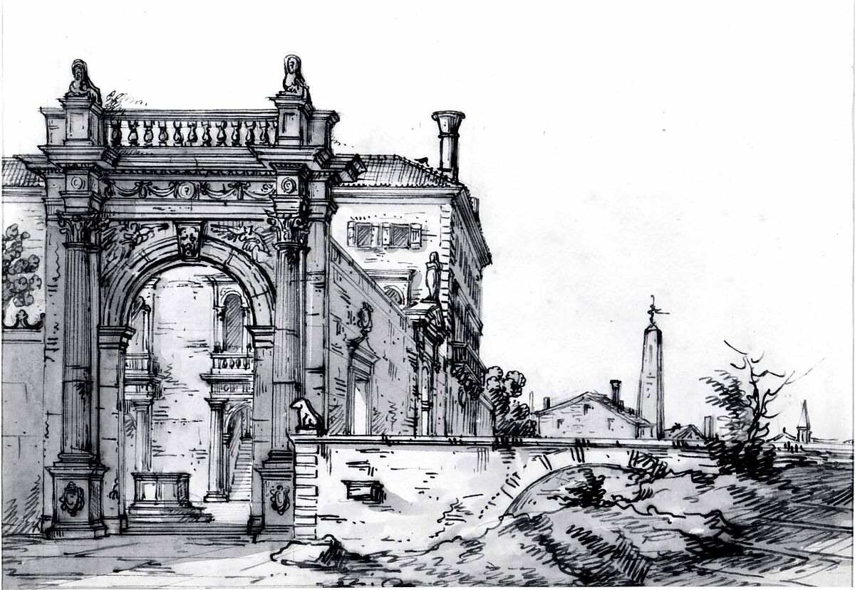 A Venetian Villa, Bernardo Bellotto (Italian, Venice 1722–1780 Warsaw), Pen and brown ink, gray wash