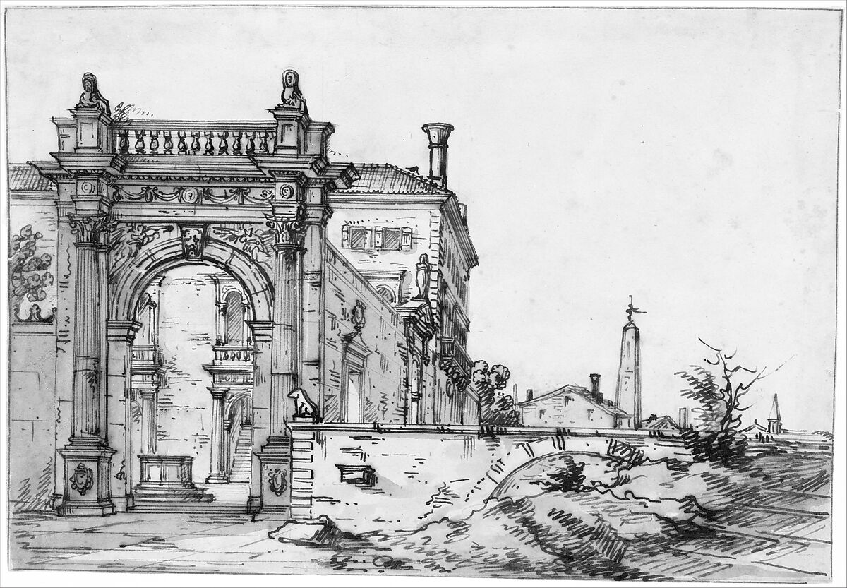 A Venetian Villa, Bernardo Bellotto (Italian, Venice 1722–1780 Warsaw), Pen and brown ink, gray wash