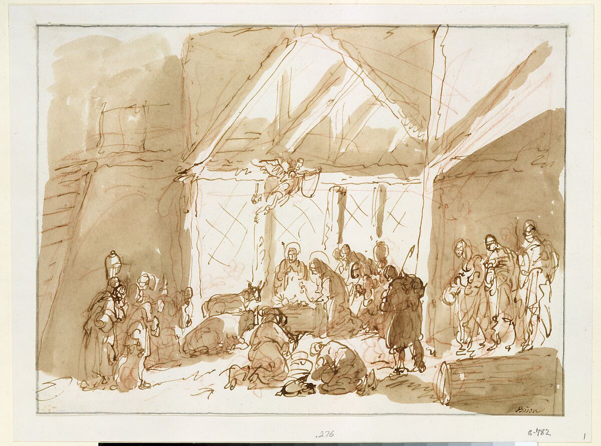 The Nativity of Christ, with Shepherds and Kings in Adoration, Giuseppe Bernardino Bison (Italian, Palmanova 1762–1844 Milan), Pen and brown ink, brown wash, over red chalk 