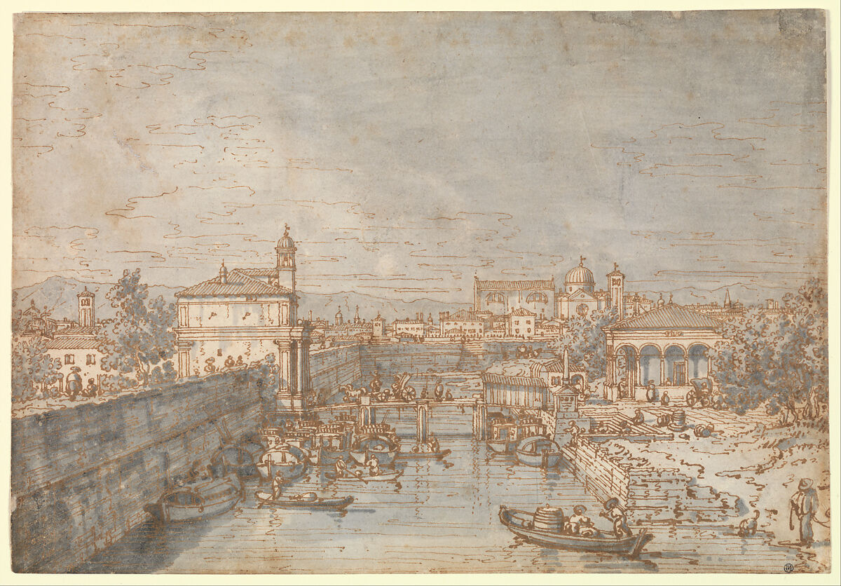Padua: The River Bacchiglione and the Porta Portello, Canaletto (Giovanni Antonio Canal) (Italian, Venice 1697–1768 Venice), Pen and brown ink, gray wash 