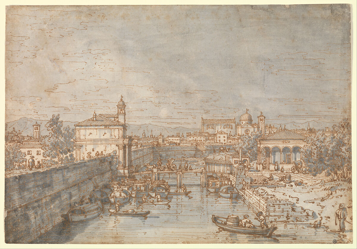 Padua: The River Bacchiglione and the Porta Portello, Canaletto (Giovanni Antonio Canal)  Italian, Pen and brown ink, gray wash