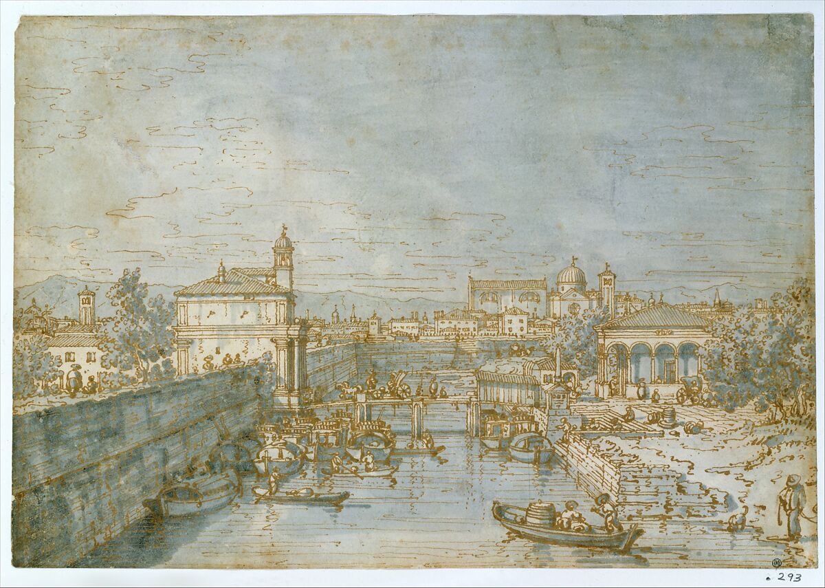Padua: The River Bacchiglione and the Porta Portello, Canaletto (Giovanni Antonio Canal) (Italian, Venice 1697–1768 Venice), Pen and brown ink, gray wash