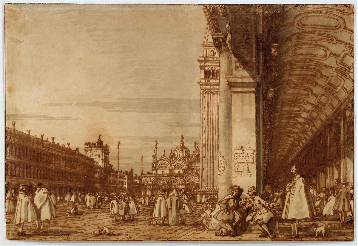Piazza San Marco from the Southwest Corner, with the Procuratie Nuove on the Right, Canaletto (Giovanni Antonio Canal) (Italian, Venice 1697–1768 Venice), Pen and brown ink, brown and gray wash 