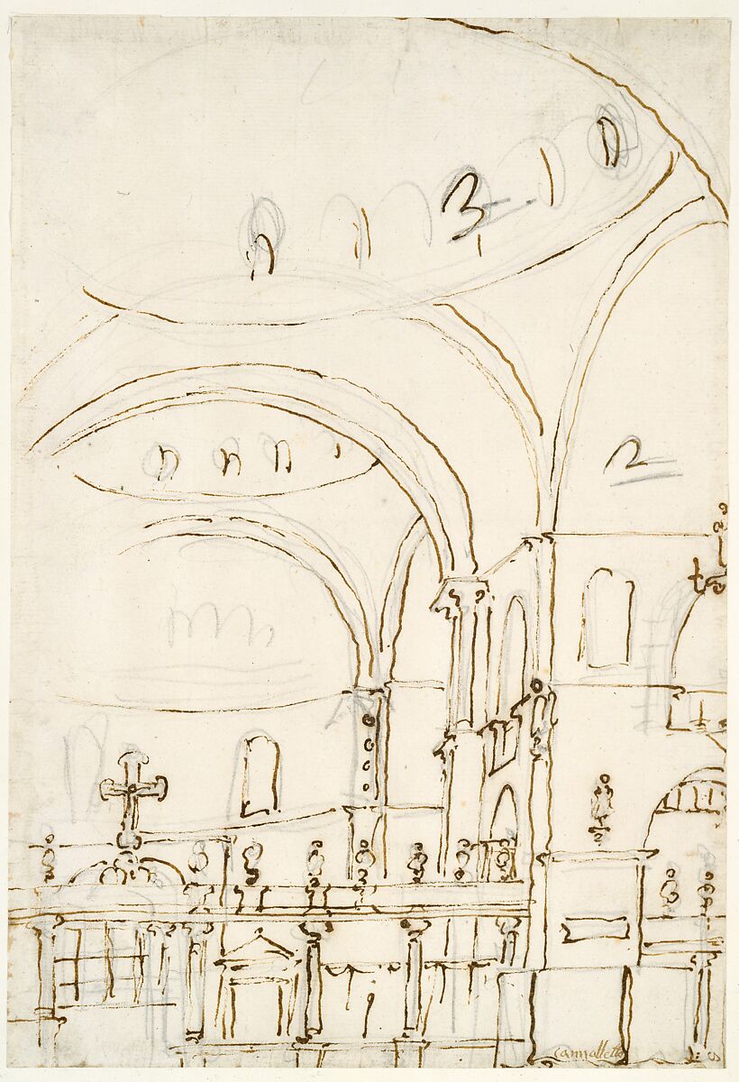Interior of the Basilica of San Marco, Showing the Crossing and the Choir, Canaletto (Giovanni Antonio Canal) (Italian, Venice 1697–1768 Venice), Pen and brown ink over black chalk 