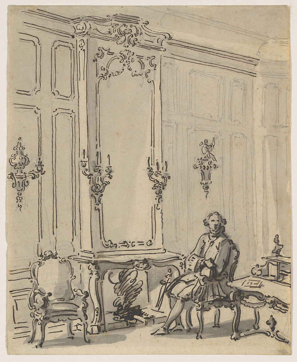 A Venetian Interior, with a Young Man Seated by the Fire, Canaletto (Giovanni Antonio Canal)  Italian, Pen and black ink, gray wash