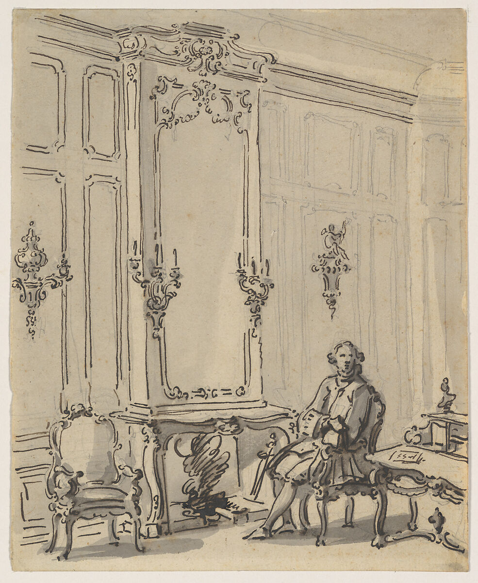 A Venetian Interior, with a Young Man Seated by the Fire, Canaletto (Giovanni Antonio Canal) (Italian, Venice 1697–1768 Venice), Pen and black ink, gray wash 