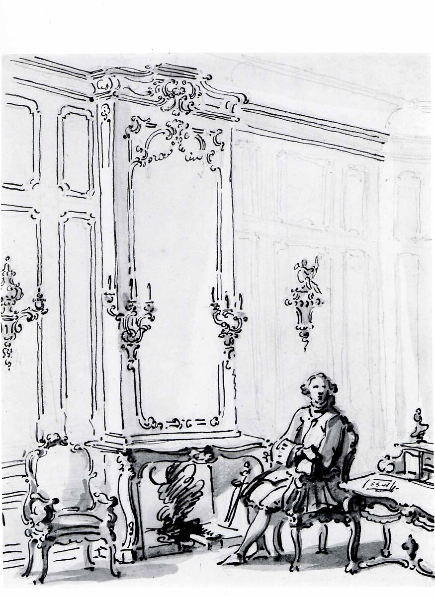 A Venetian Interior, with a Young Man Seated by the Fire, Canaletto (Giovanni Antonio Canal) (Italian, Venice 1697–1768 Venice), Pen and black ink, gray wash