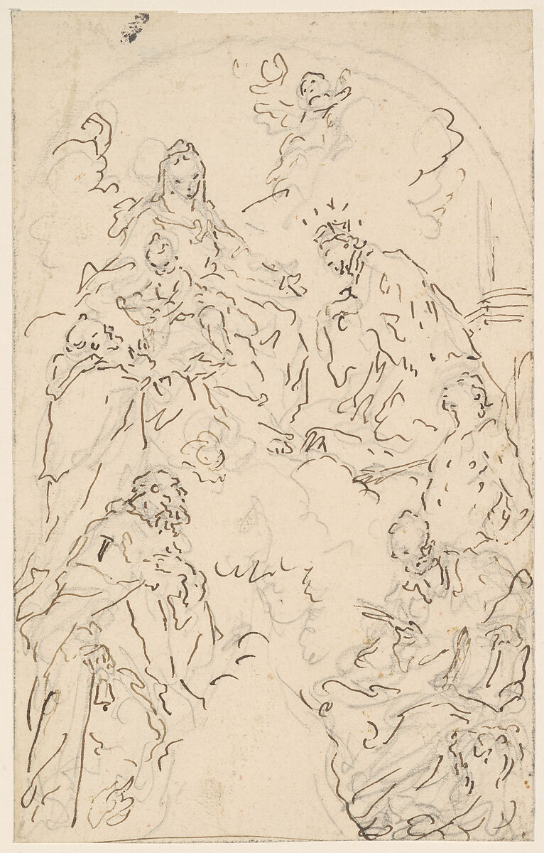 The Virgin and Child Enthroned on a Cloud, with Saints Dominic, John Nepomuk, Sebastian, Mark, and Anthony Abbot, Giuseppe Diziani, Pen and brown ink over black chalk