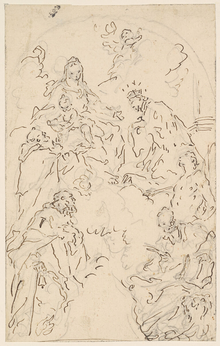 The Virgin and Child Enthroned on a Cloud, with Saints Dominic, John Nepomuk, Sebastian, Mark, and Anthony Abbot, Giuseppe Diziani (Venice 1732–Vencie 1803), Pen and brown ink over black chalk 