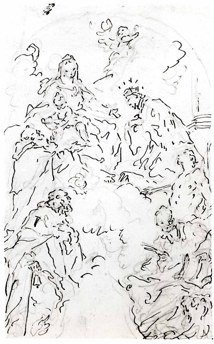 The Virgin and Child Enthroned on a Cloud, with Saints Dominic, John Nepomuk, Sebastian, Mark, and Anthony Abbot, Giuseppe Diziani (Venice 1732–Vencie 1803), Pen and brown ink over black chalk