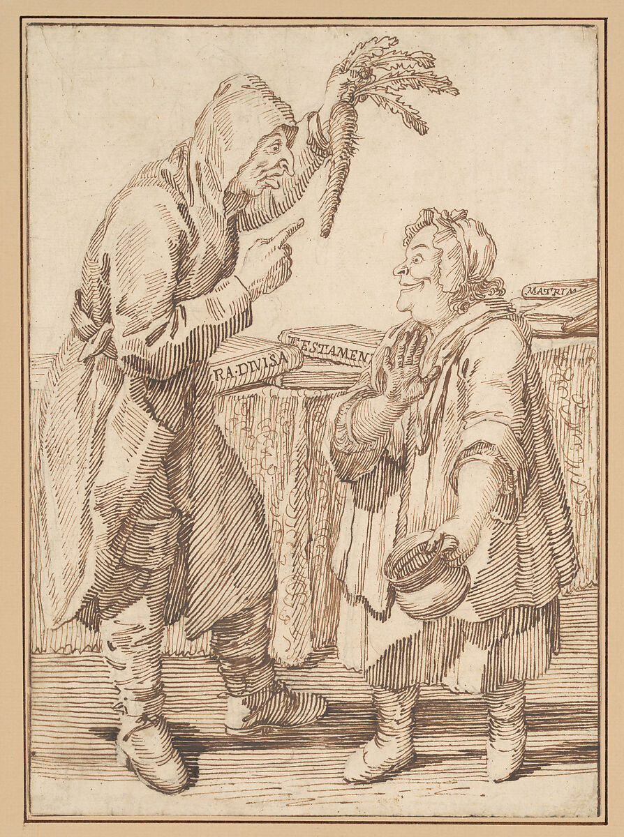 A Monk with a Carrot and a Woman with a Chamber Pot, Pier Leone Ghezzi (Italian, Comunanza near Ascoli Piceno 1674–1755 Rome), Pen and brown ink 