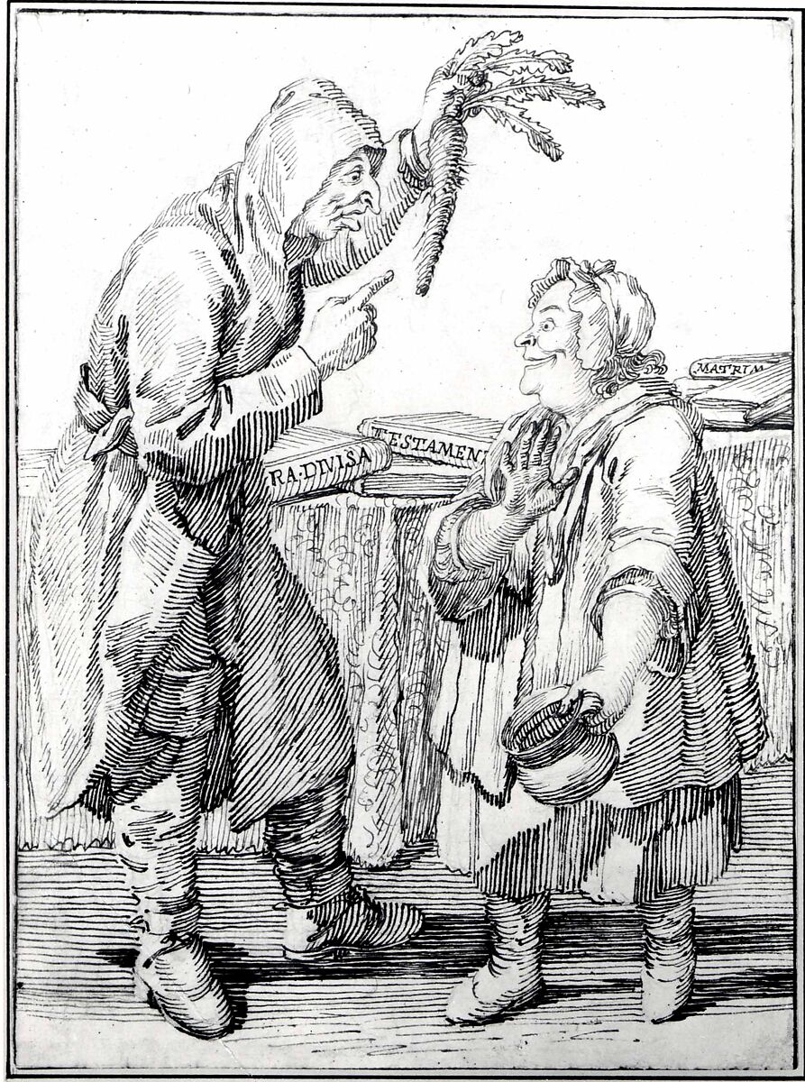 A Monk with a Carrot and a Woman with a Chamber Pot, Pier Leone Ghezzi (Italian, Comunanza near Ascoli Piceno 1674–1755 Rome), Pen and brown ink