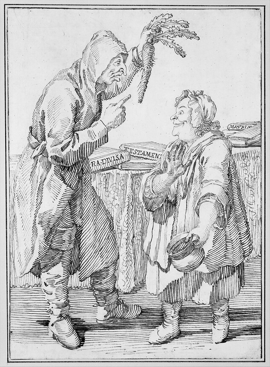 A Monk with a Carrot and a Woman with a Chamber Pot, Pier Leone Ghezzi (Italian, Comunanza near Ascoli Piceno 1674–1755 Rome), Pen and brown ink