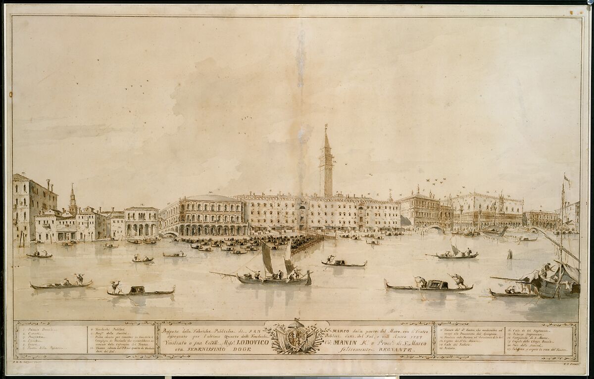 Panorama of Venice from the Bacino di San Marco, Including the Project for the Proposed Teatro Manin, Francesco Guardi (Italian, Venice 1712–1793 Venice), Pen and brown ink, gray wash, and a little body color 