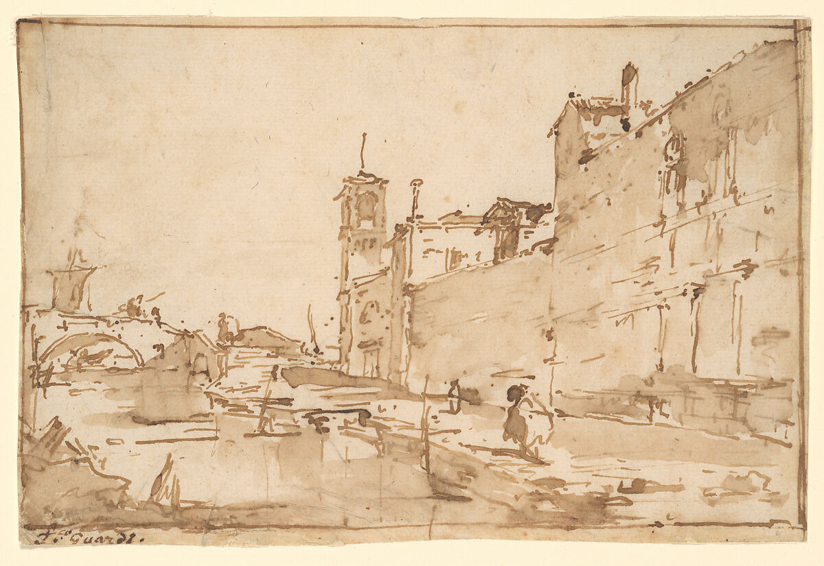 A Venetian Capriccio: A Rio Leading to a Bridge, Francesco Guardi (Italian, Venice 1712–1793 Venice), Pen and brown ink, brown wash 