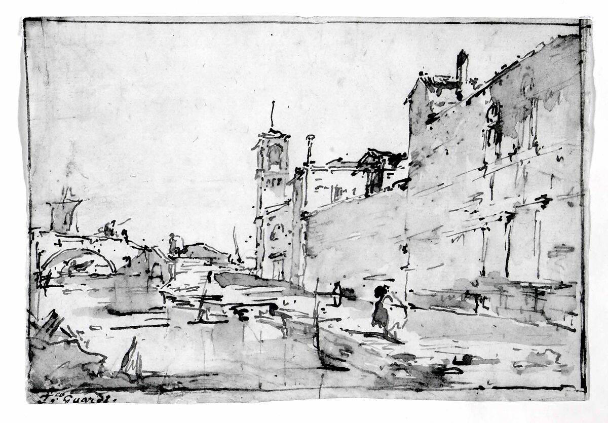 A Venetian Capriccio: A Rio Leading to a Bridge, Francesco Guardi (Italian, Venice 1712–1793 Venice), Pen and brown ink, brown wash