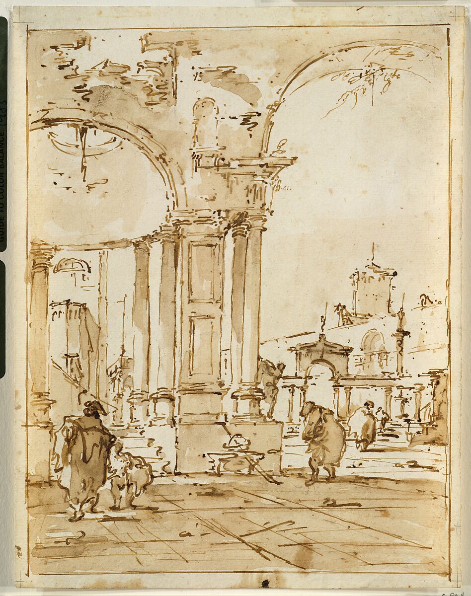 An Architectural Capriccio, with Classical Ruins, Francesco Guardi (Italian, Venice 1712–1793 Venice), Pen and brown ink, brown wash 
