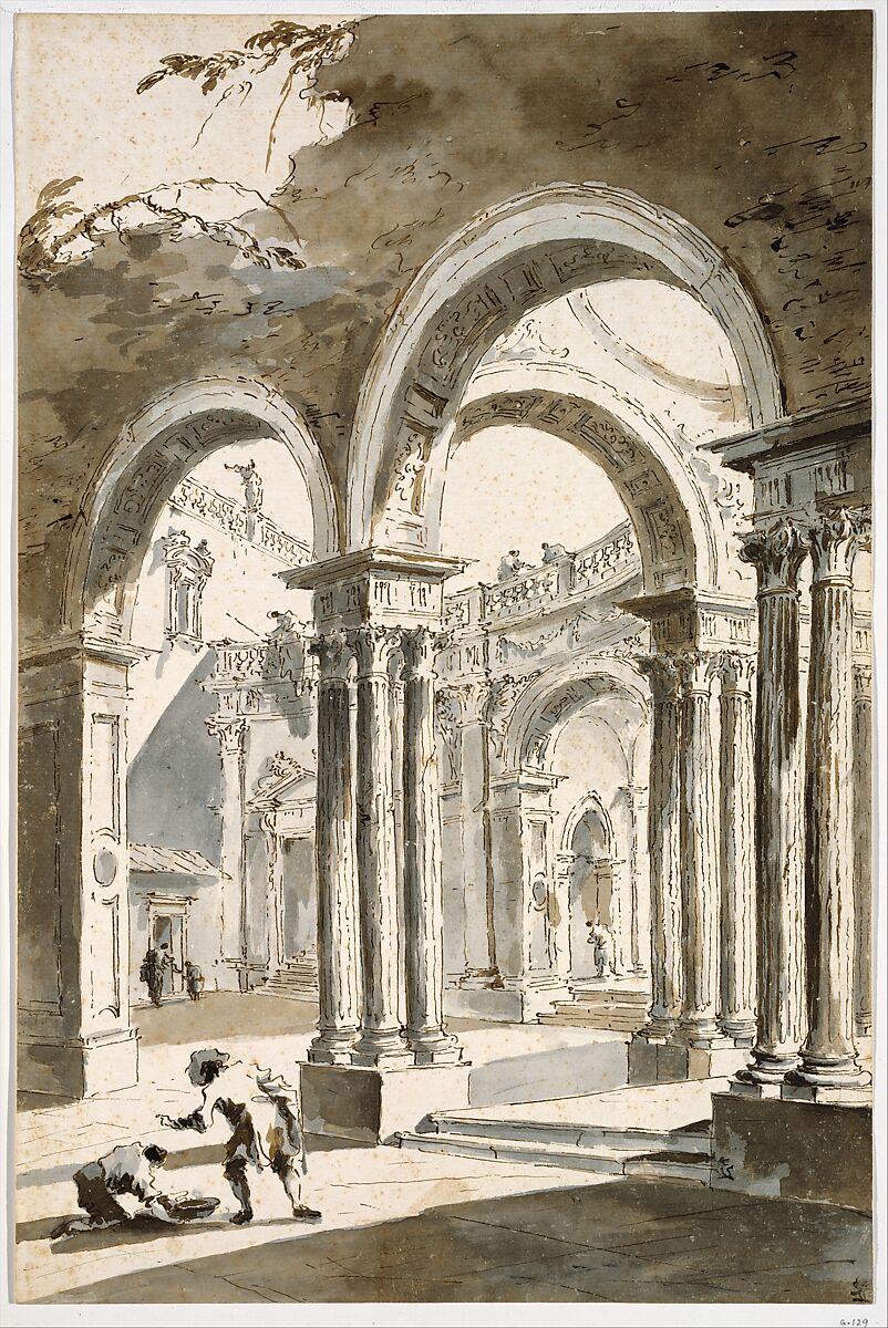 A Colonnade, Partly Ruined, with Figures, Francesco Guardi (Italian, Venice 1712–1793 Venice) (?), Pen and brown ink, brown and gray wash 