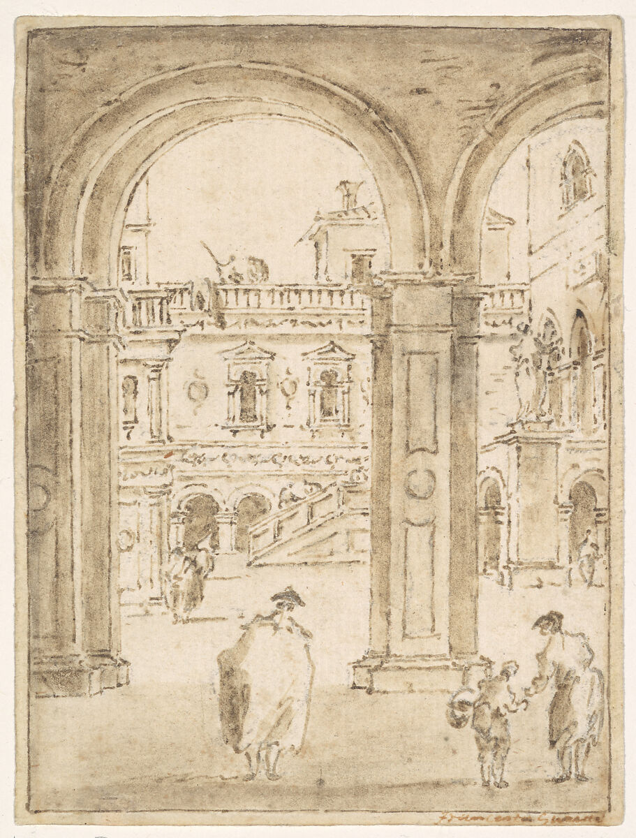 The Courtyard of the Doges' Palace, Giacomo Guardi (Italian, Venice (?) 1764–1835 Venice (?)), Pen and brown ink, brown wash 