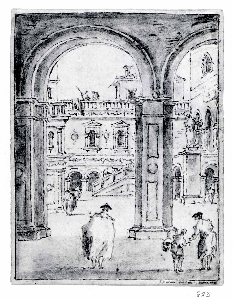 The Courtyard of the Doges' Palace, Giacomo Guardi (Italian, Venice (?) 1764–1835 Venice (?)), Pen and brown ink, brown wash