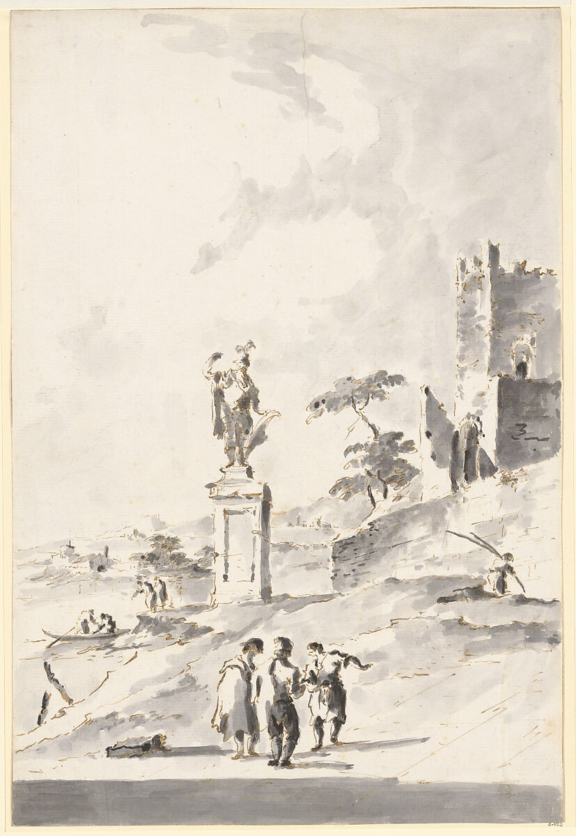 Capriccio with a Statue of a Warrior and a Ruined Castle on the Shore of the Lagoon, Giacomo Guardi (Italian, Venice (?) 1764–1835 Venice (?)), Pen and brown ink, gray wash 