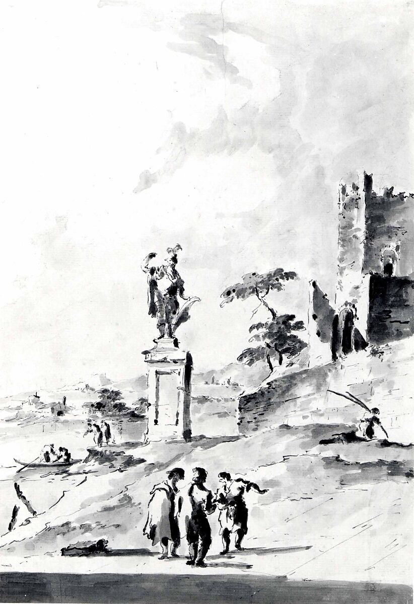 Capriccio with a Statue of a Warrior and a Ruined Castle on the Shore of the Lagoon, Giacomo Guardi (Italian, Venice (?) 1764–1835 Venice (?)), Pen and brown ink, gray wash