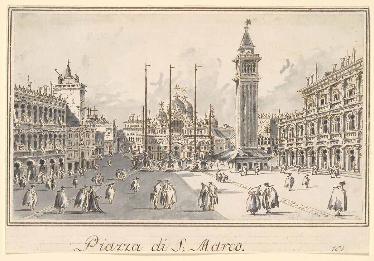 Piazza San Marco, Looking toward the Basilica, Giacomo Guardi (Italian, Venice (?) 1764–1835 Venice (?)), Pen and brown ink, gray wash 