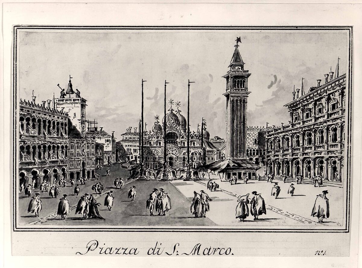 Piazza San Marco, Looking toward the Basilica, Giacomo Guardi (Italian, Venice (?) 1764–1835 Venice (?)), Pen and brown ink, gray wash