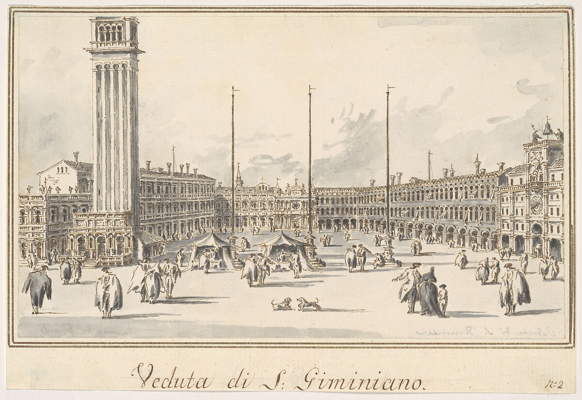 Piazza San Marco, Looking toward the Church of San Gemignano, Giacomo Guardi (Italian, Venice (?) 1764–1835 Venice (?)), Pen and brown ink, gray wash 