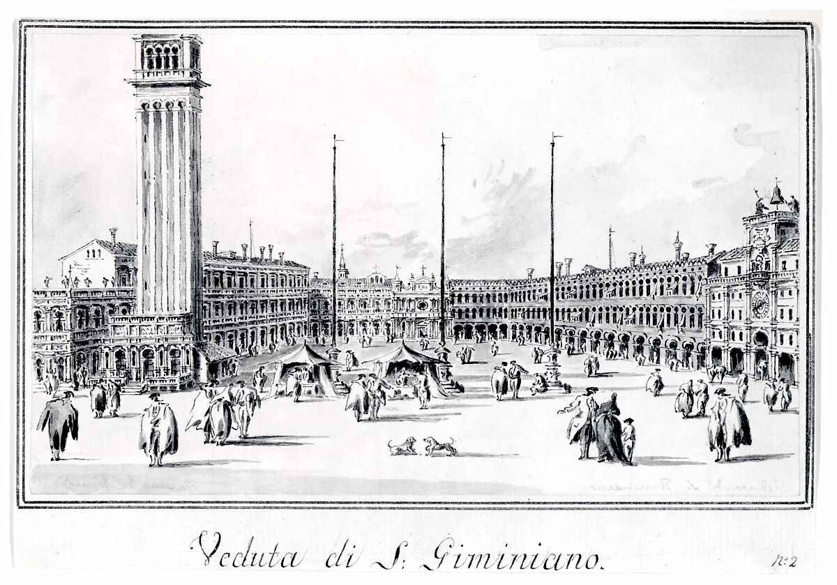 Piazza San Marco, Looking toward the Church of San Gemignano, Giacomo Guardi (Italian, Venice (?) 1764–1835 Venice (?)), Pen and brown ink, gray wash