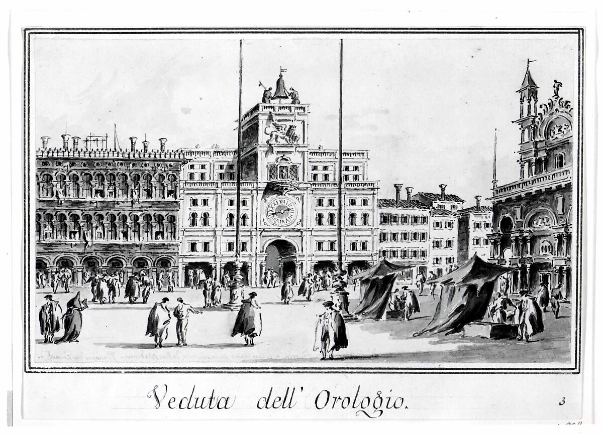 The Clock Tower of San Marco, from the Front of the Basilica, Giacomo Guardi (Italian, Venice (?) 1764–1835 Venice (?)), Pen and brown ink, brown-gray wash
